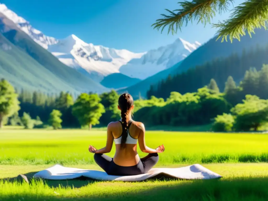 Pranayama terapéutico para salud integral: Persona meditando en prado verde con montañas nevadas al fondo, en un ambiente sereno y tranquilo