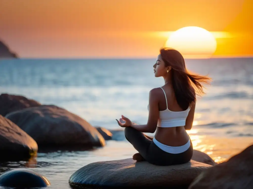 Practicando pranayama terapéutico para salud integral frente al mar al atardecer