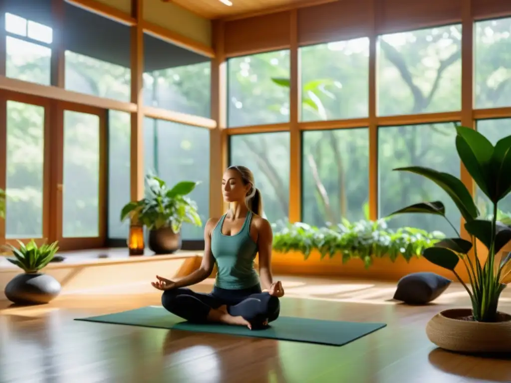 Pranayama terapéutico para salud integral en un estudio de yoga sereno y moderno, con luz natural y decoración tranquila