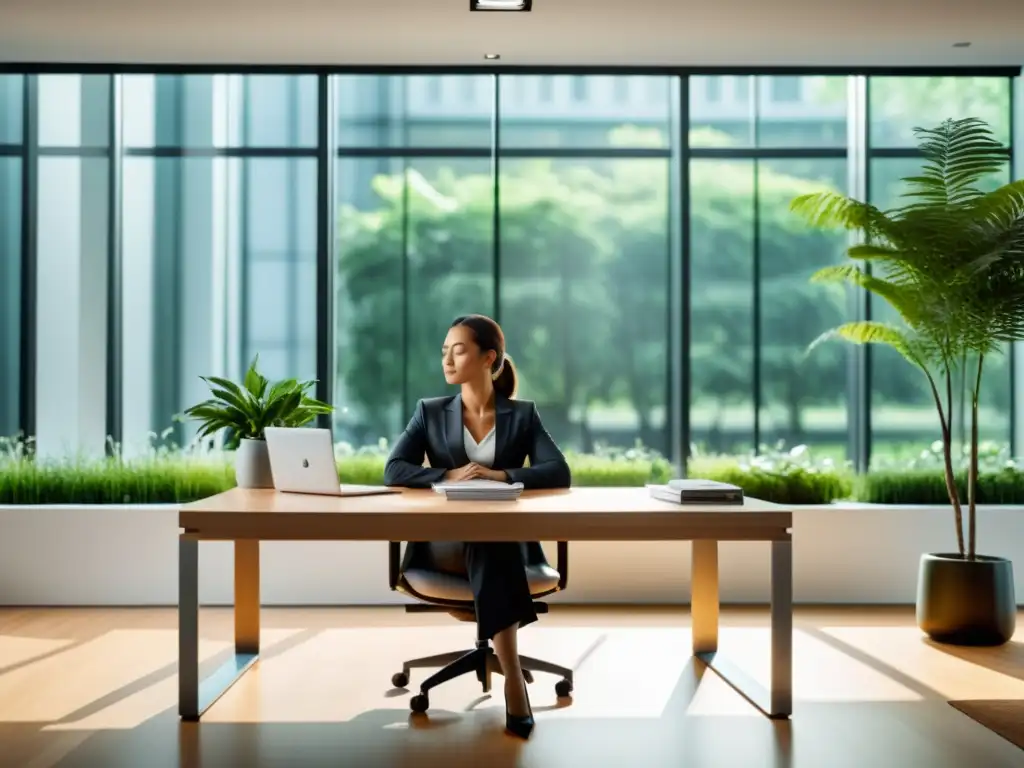 Una profesional practica respiración para prevenir el burnout en una oficina serena con luz natural y elementos naturales