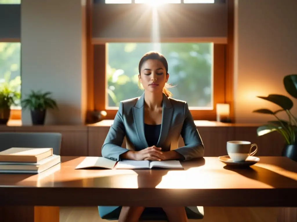 Profesional practicando ejercicios respiratorios para energía en una oficina serena, con luz cálida entrando por la ventana