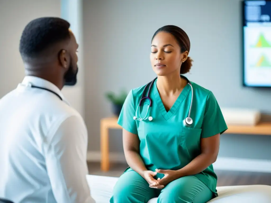 Guía de Respiración Consciente en Atención Médica Una profesional médica guía a un paciente en una práctica de respiración consciente para gestionar dolor en un moderno y luminoso centro médico