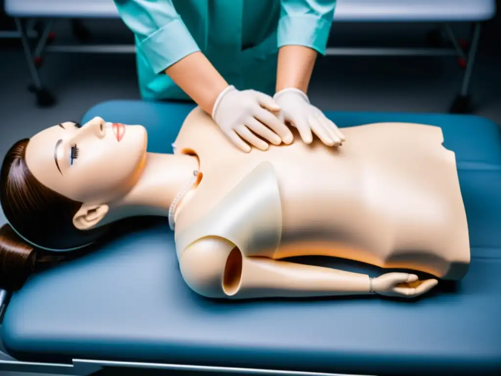 Profesional médico demostrando compresiones en maniquí de RCP en moderno centro de entrenamiento médico