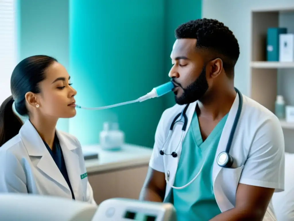 Un profesional médico demuestra técnicas de inhalación a un paciente con un nebulizador moderno en una clínica bien iluminada