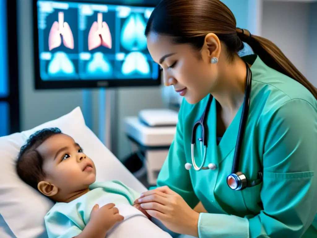 Un profesional médico demostrando técnicas respiratorias a un paciente joven con cardiopatía congénita, en un entorno médico moderno y bien iluminado