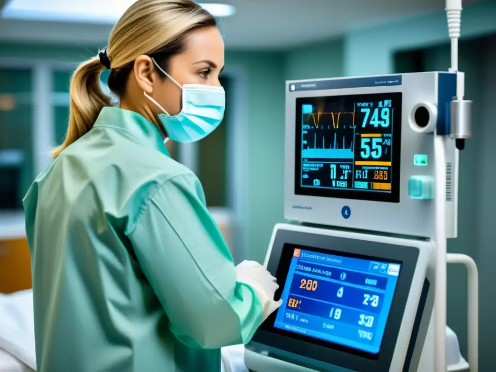 Profesional médico prepara ventilador mecánico de emergencia en hospital bien iluminado, mostrando seriedad y preparación