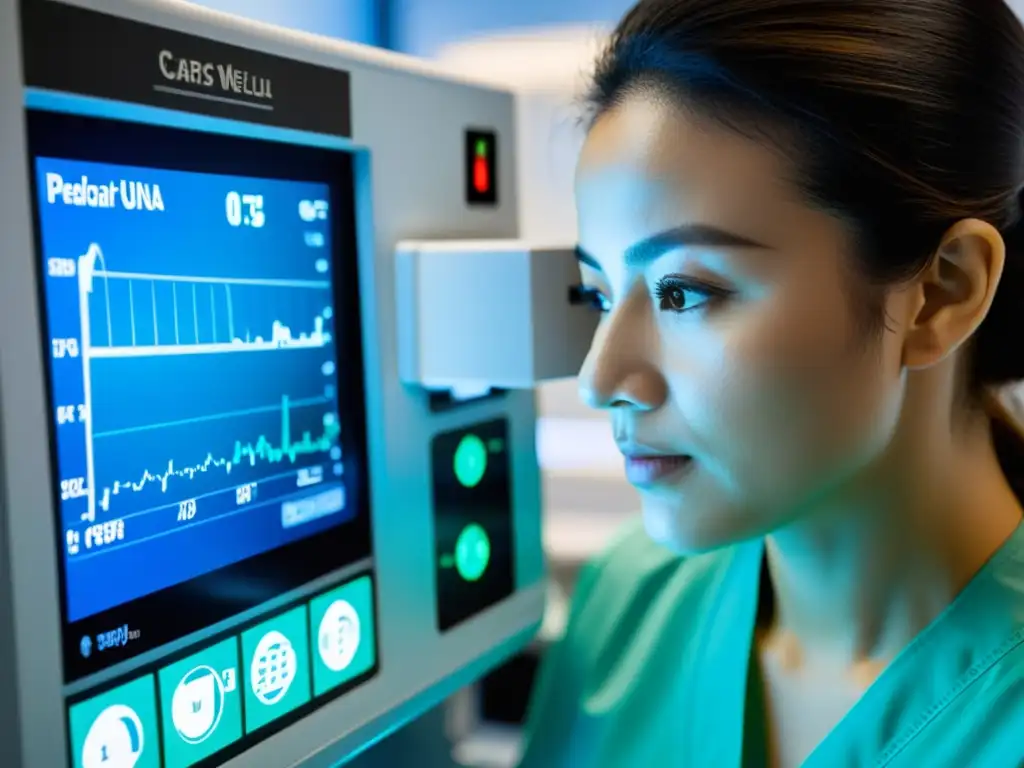 Profesional médico ajustando ventilador en UCI moderna