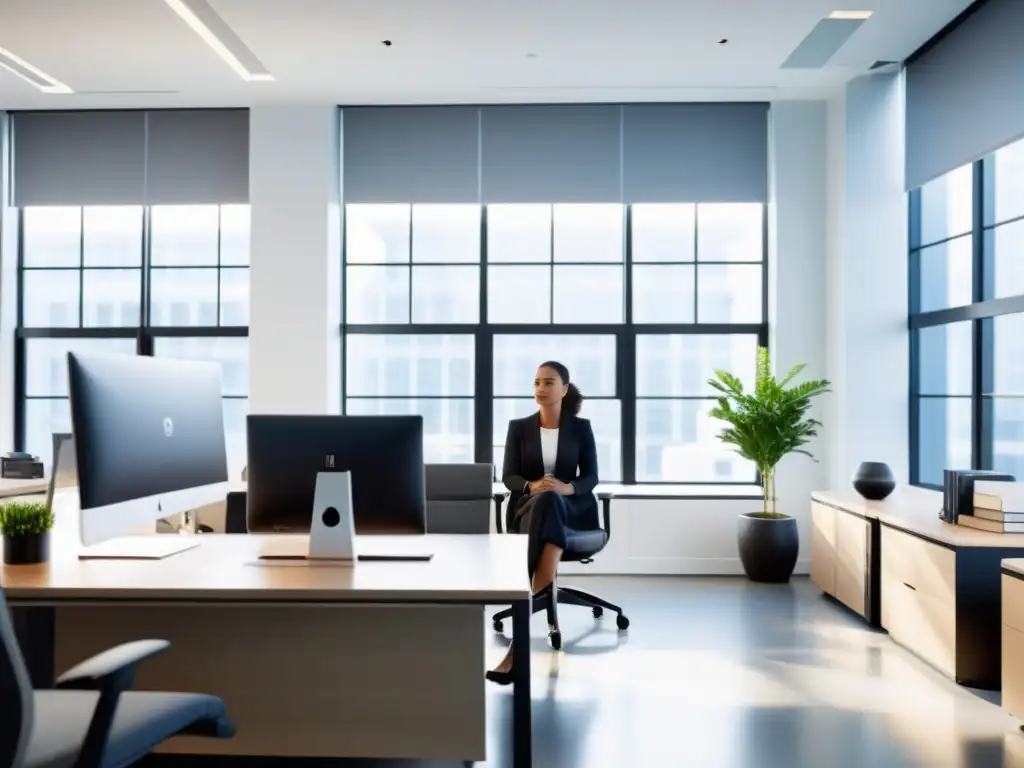 Un profesional en un moderno entorno de oficina practica ejercicios de respiración para trabajo, irradiando calma y productividad