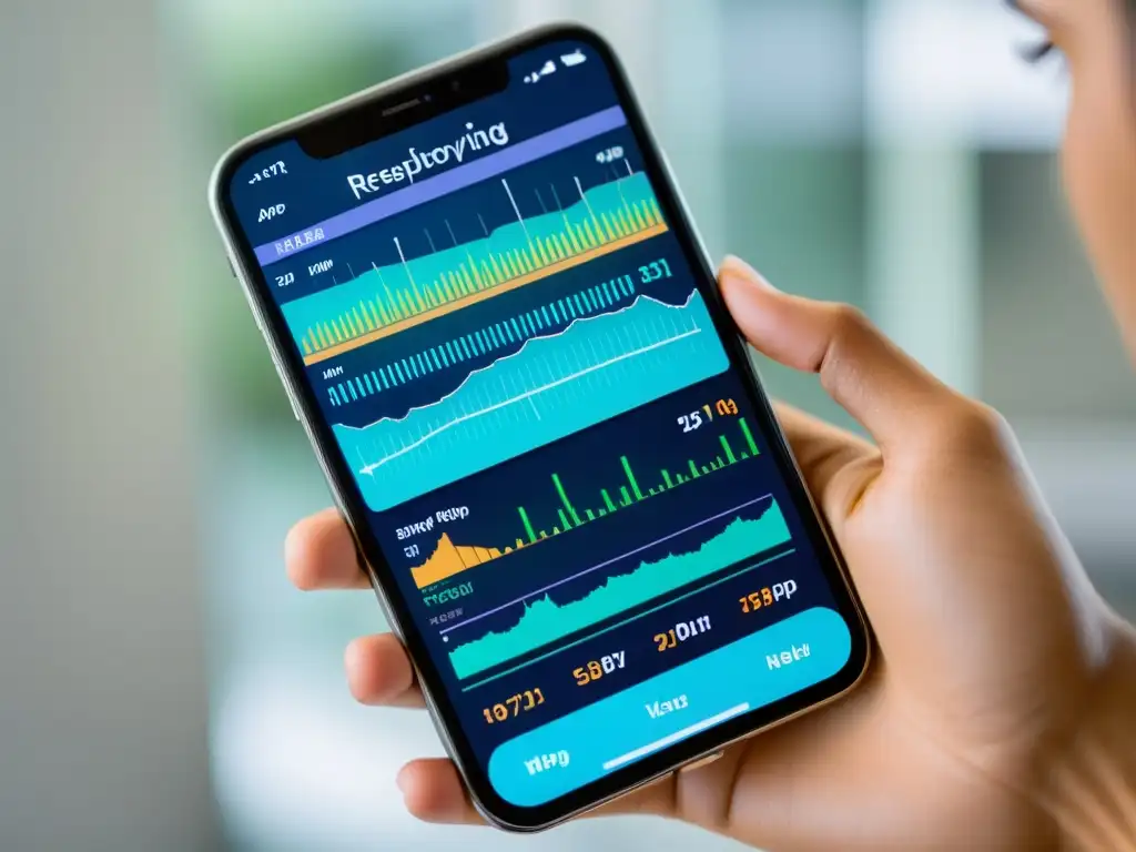 Un profesional muestra en un moderno smartphone la app de medición de la salud respiratoria con vibrantes visualizaciones precisas y detalladas