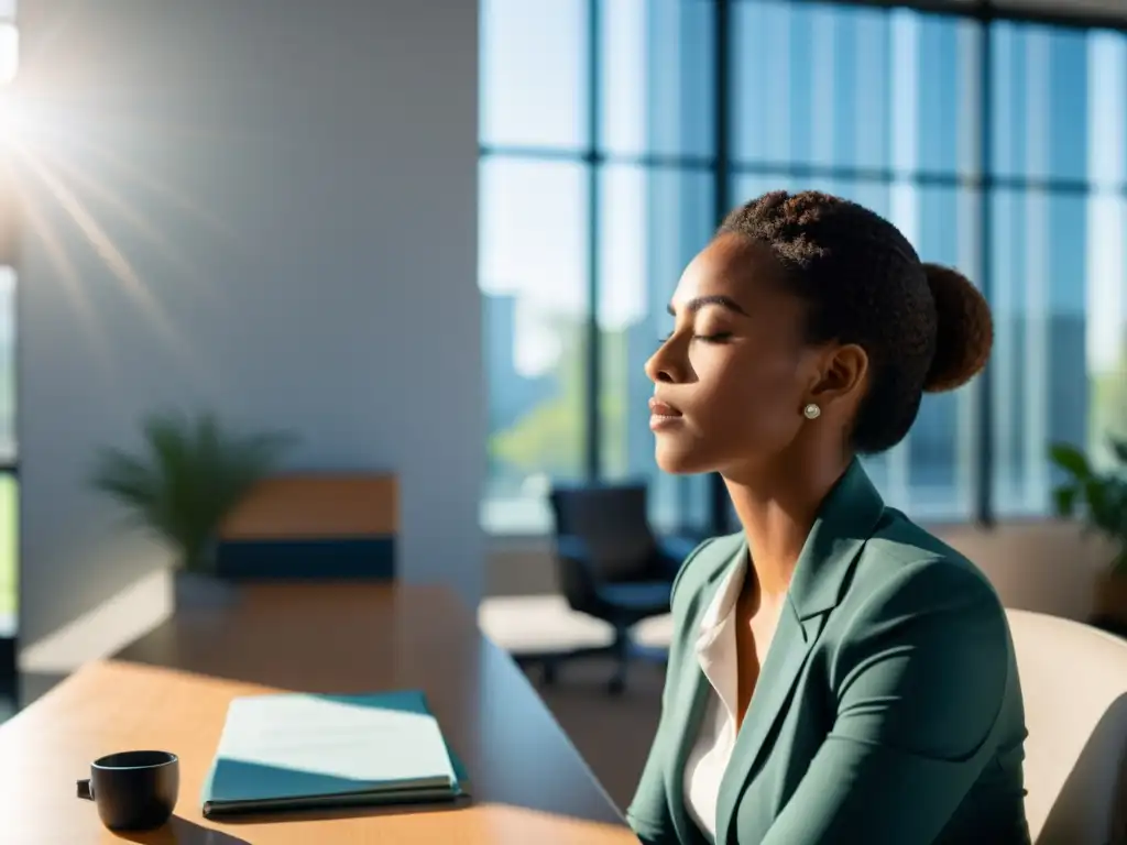 Profesional toma una pausa, respirando profundamente en su moderna oficina mientras la luz del sol ilumina la escena