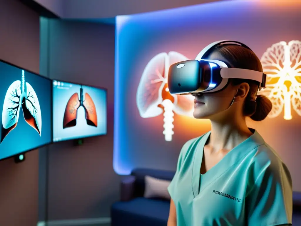 Un profesional de la salud usa auriculares de realidad virtual para mostrar a pacientes un modelo 3D detallado del sistema respiratorio, iluminado con una luz azul suave