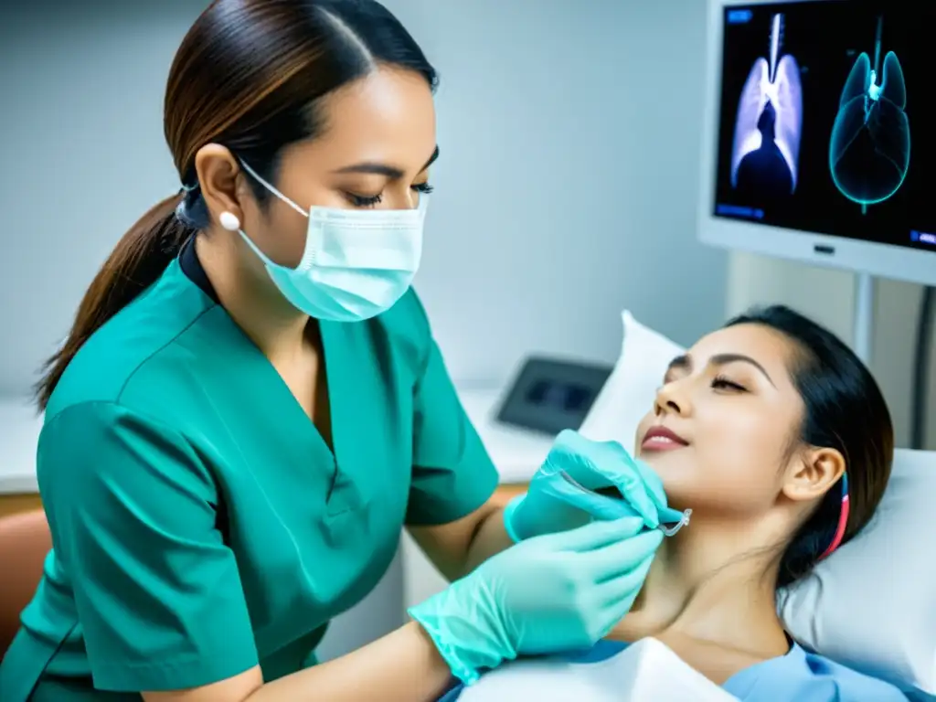 Profesional de la salud examina con cuidado los pulmones de un paciente en una clínica moderna, transmitiendo profesionalismo y tecnología avanzada