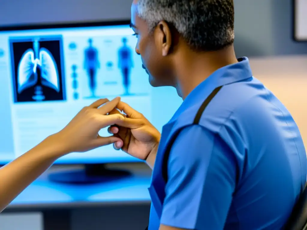 Profesional de la salud demostrando estrategias de respiración para mejorar la capacidad pulmonar en un paciente con enfisema