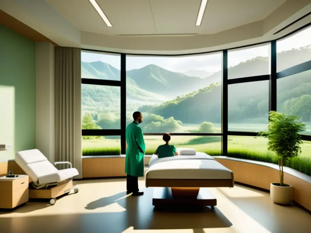 Un profesional de la salud guía una práctica respiratoria integrada para la salud en una habitación hospitalaria serena con vistas a la naturaleza