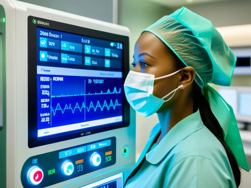 Profesional de la salud ajustando protocolos de ventilación mecánica en hospital