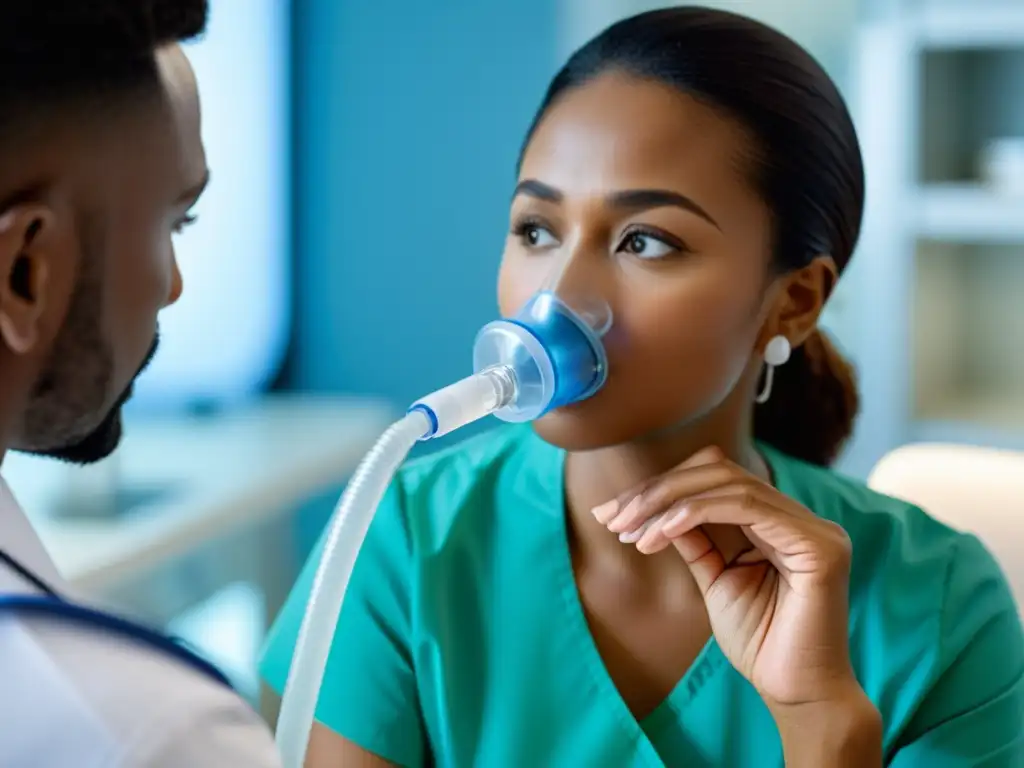 Un profesional de la salud demuestra el uso correcto de un nebulizador a un paciente en una instalación médica moderna y bien iluminada