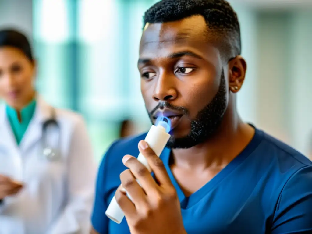 Profesional de la salud demostrando el uso de inhaladores a colegas en una clínica moderna