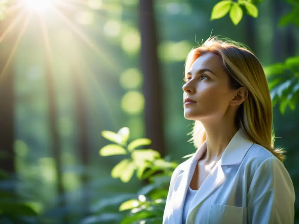 Una profesional serena practica técnicas avanzadas de respiración en un bosque soleado, transmitiendo calma y confianza