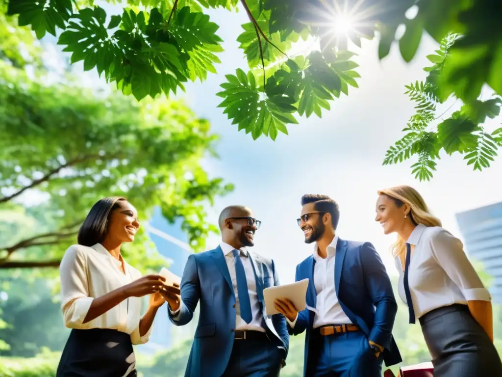 Profesionales en actividad al aire libre, rodeados de naturaleza exuberante, fomentando la colaboración y la importancia del aire puro en el liderazgo