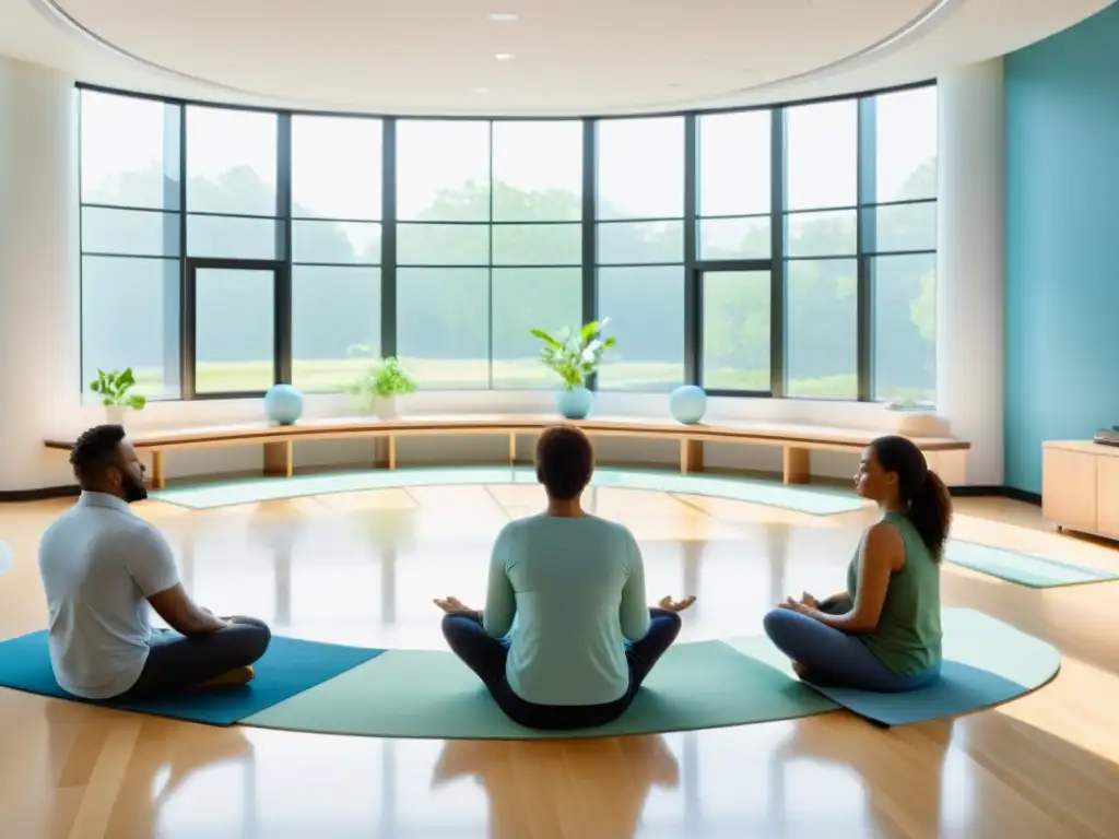 Profesionales y educadores practican mindfulness en un aula moderna con luz natural