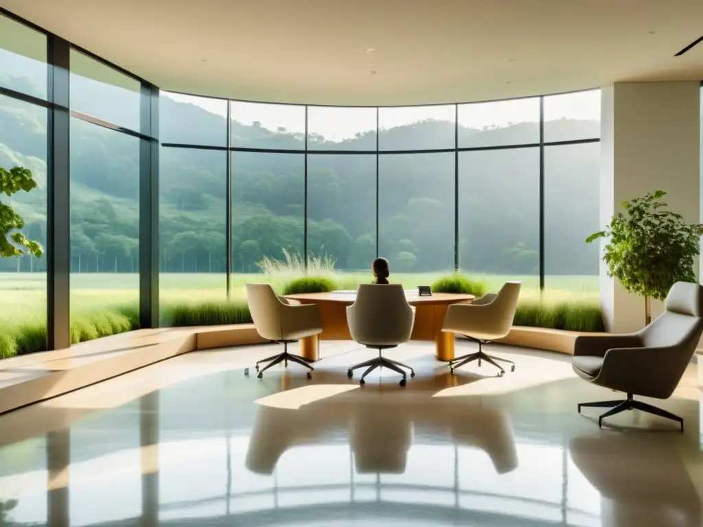 Profesionales realizando ejercicios de respiración consciente en una oficina moderna con vista a un paisaje verde