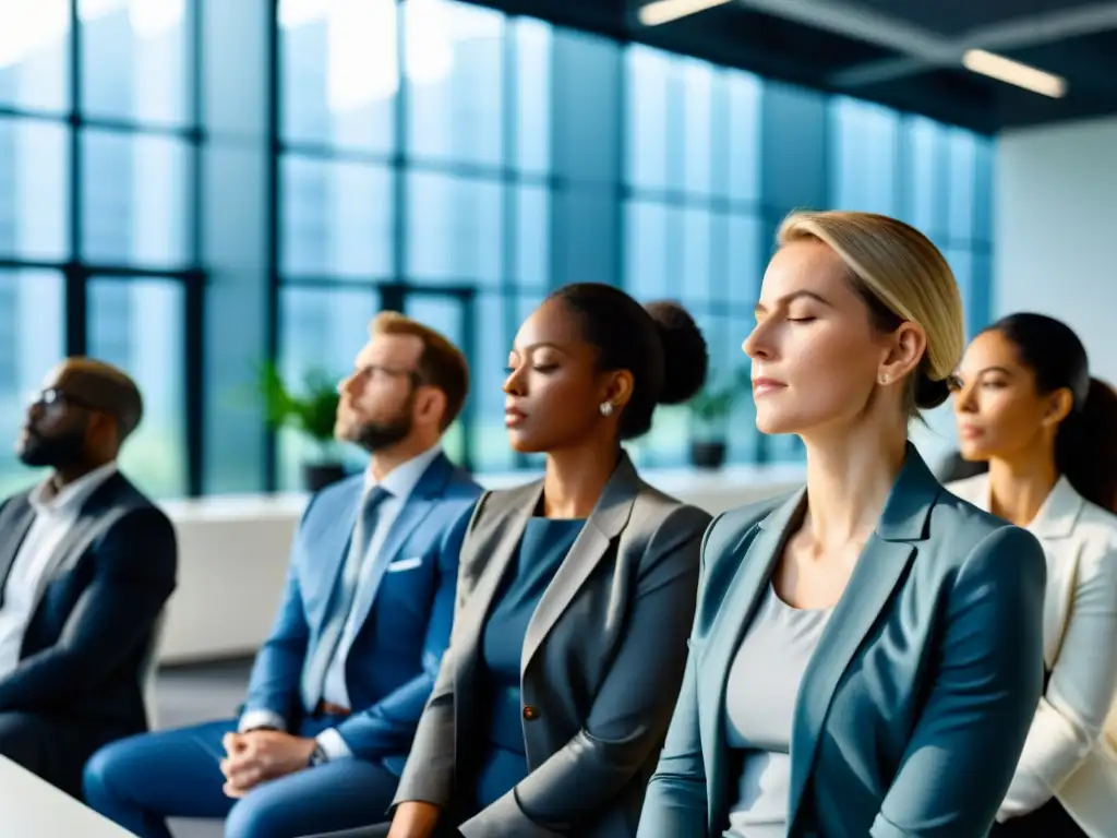 Profesionales practican ejercicios de respiración en una oficina moderna, destacando los beneficios de la respiración adecuada para combatir el estrés laboral