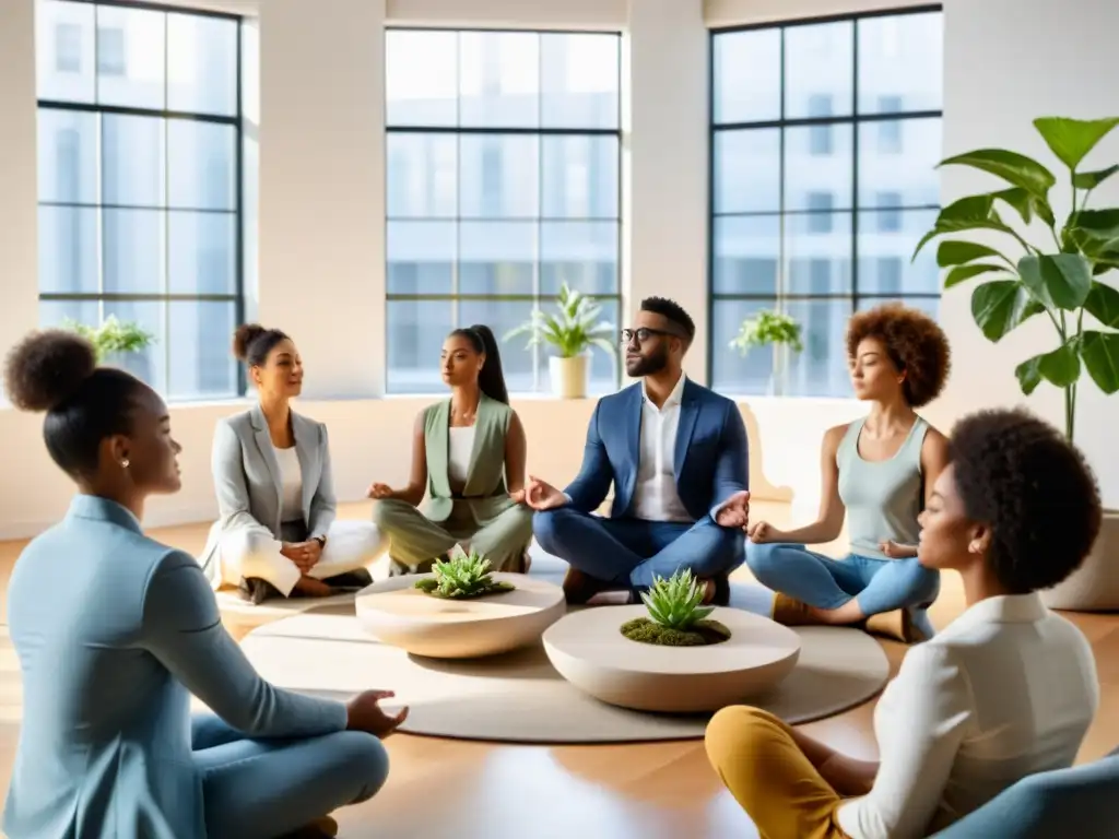 Profesionales practican mindfulness en equipo en una oficina moderna y luminosa