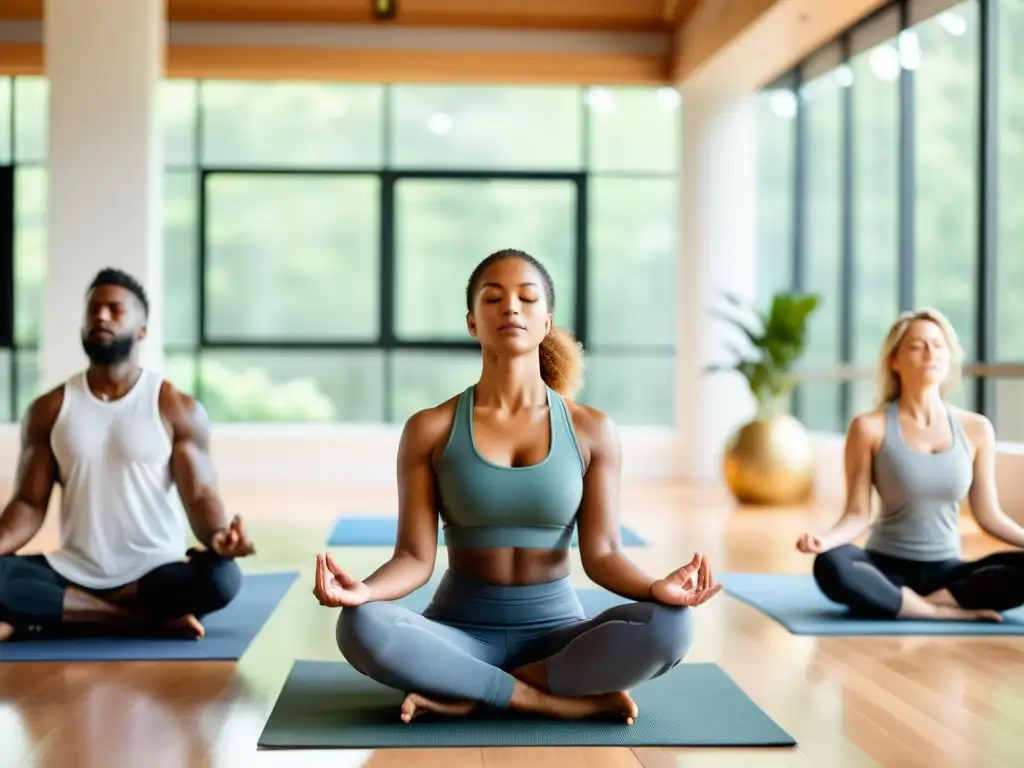 Profesionales practican mindfulness en equipo, sentados en círculo en un espacio sereno y luminoso