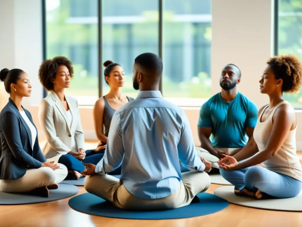 Profesionales en meditación guiada, aprendiendo técnicas de respiración para estrés laboral en un entorno sereno y relajado