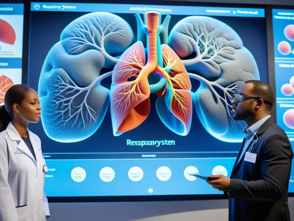 Profesionales médicos analizan detallado modelo 3D del sistema respiratorio en pantalla de alta resolución, discutiendo intervenciones nutricionales en enfermedades respiratorias