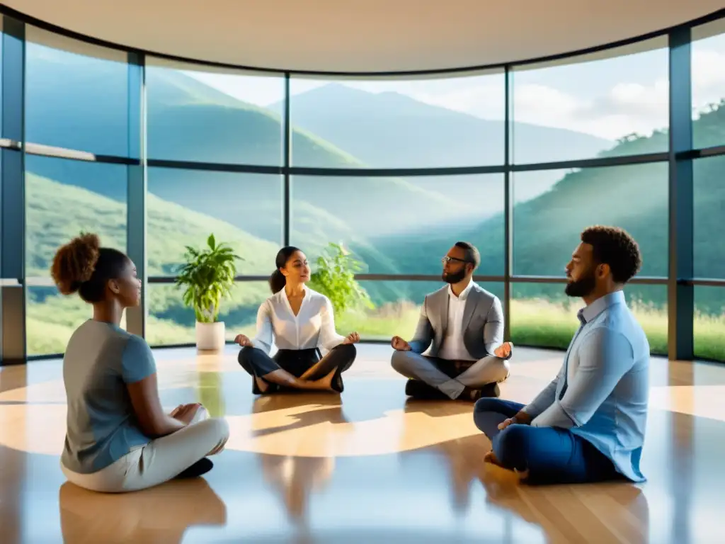 Profesionales practicando mindfulness en equipo en una oficina moderna con vista a la naturaleza, creando un ambiente armonioso y tranquilo