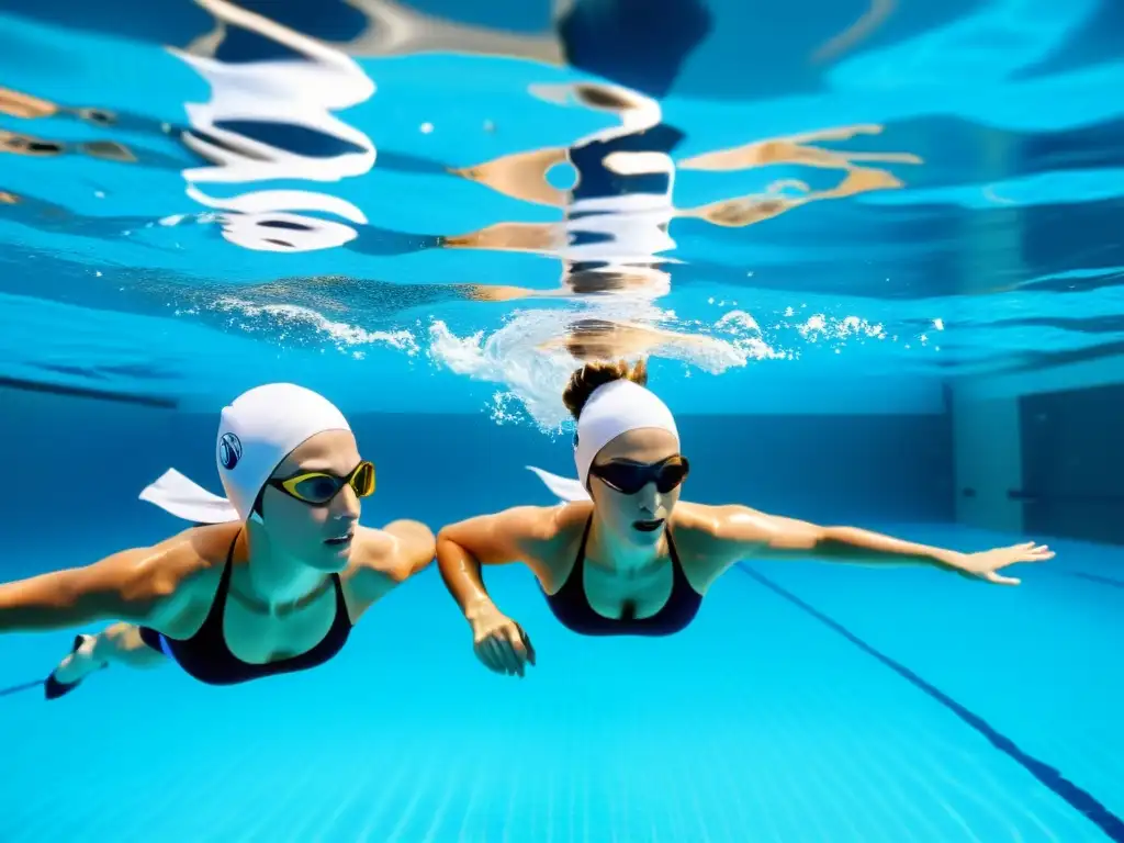 Profesionales nadadores realizan técnicas de entrenamiento respiratorio en una piscina cristalina, con elegancia y determinación