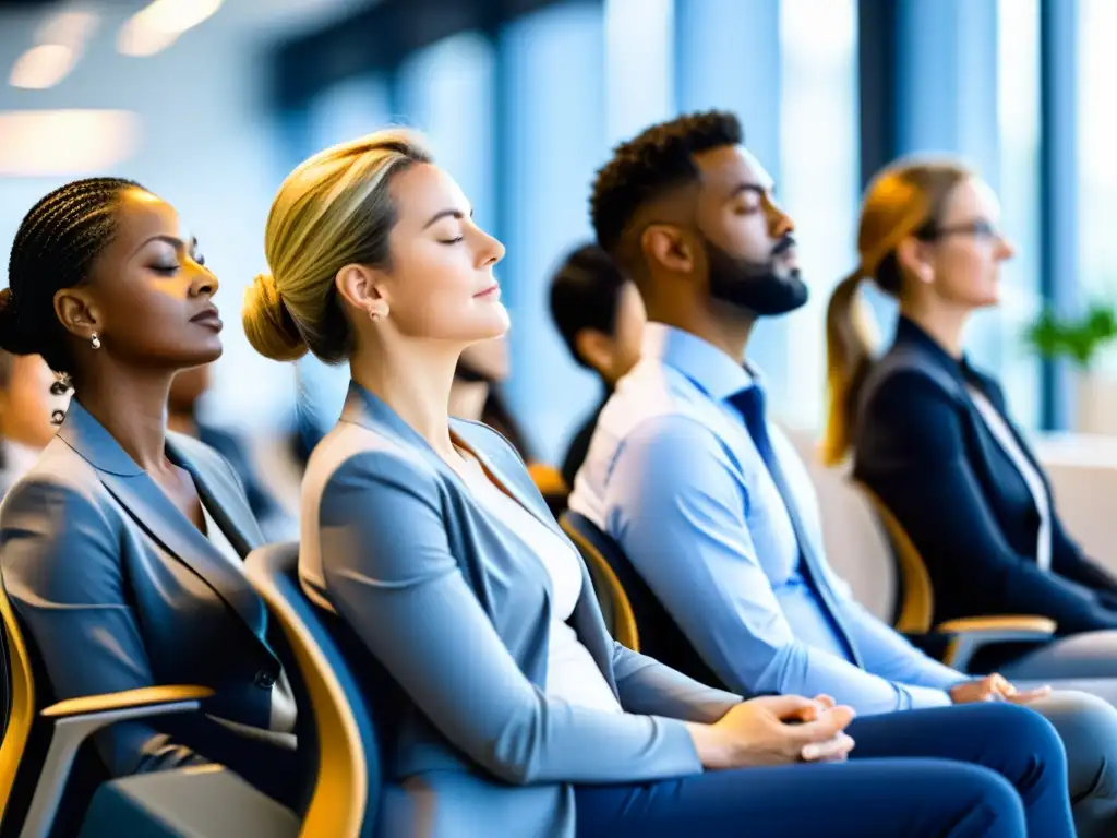 Profesionales en oficina moderna practican técnicas de respiración para liderazgo, con calma y enfoque