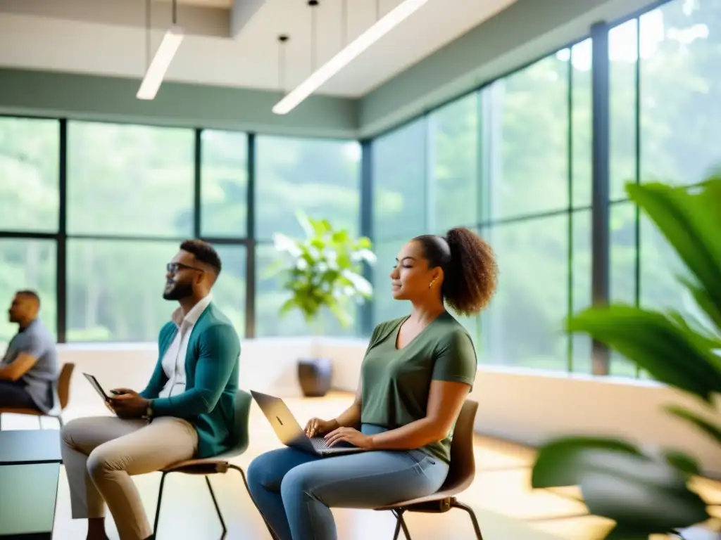 Profesionales participan en un programa de Elearning para oxigenar el cerebro en un aula moderna y relajante, con luz natural y vegetación