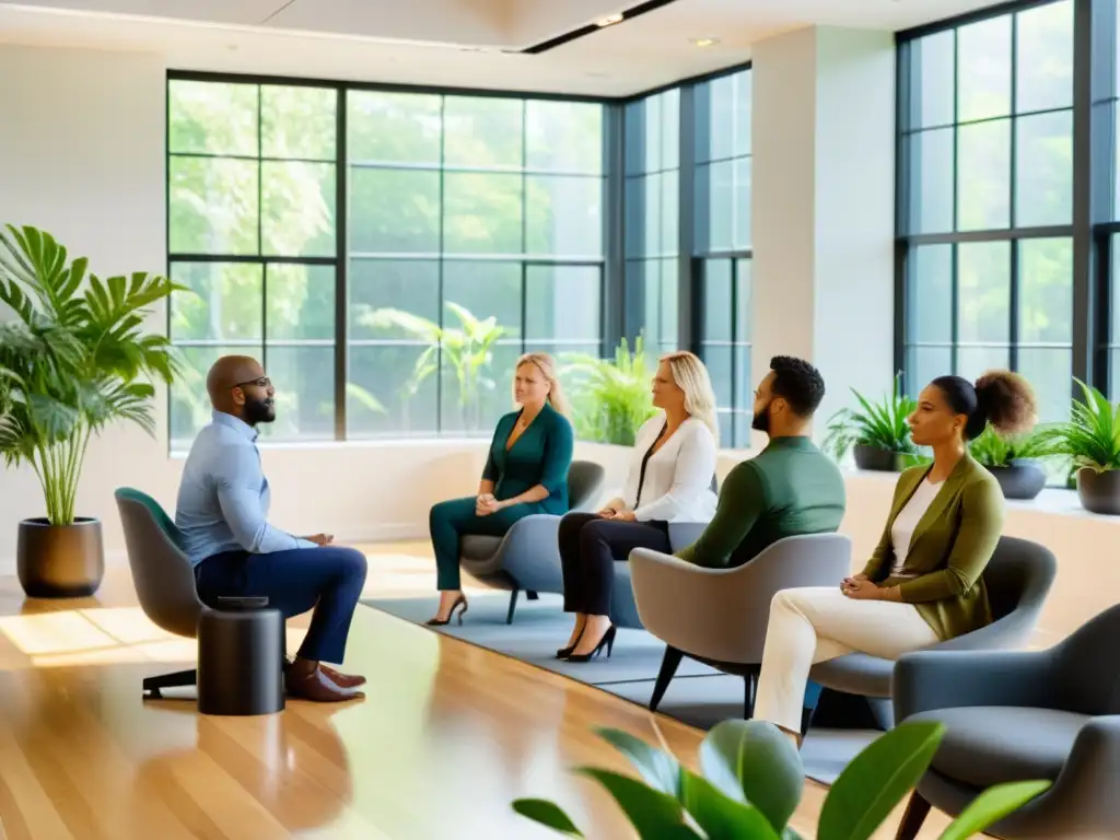 Profesionales practicando respiración consciente en pausas activas en una oficina moderna con luz natural y plantas