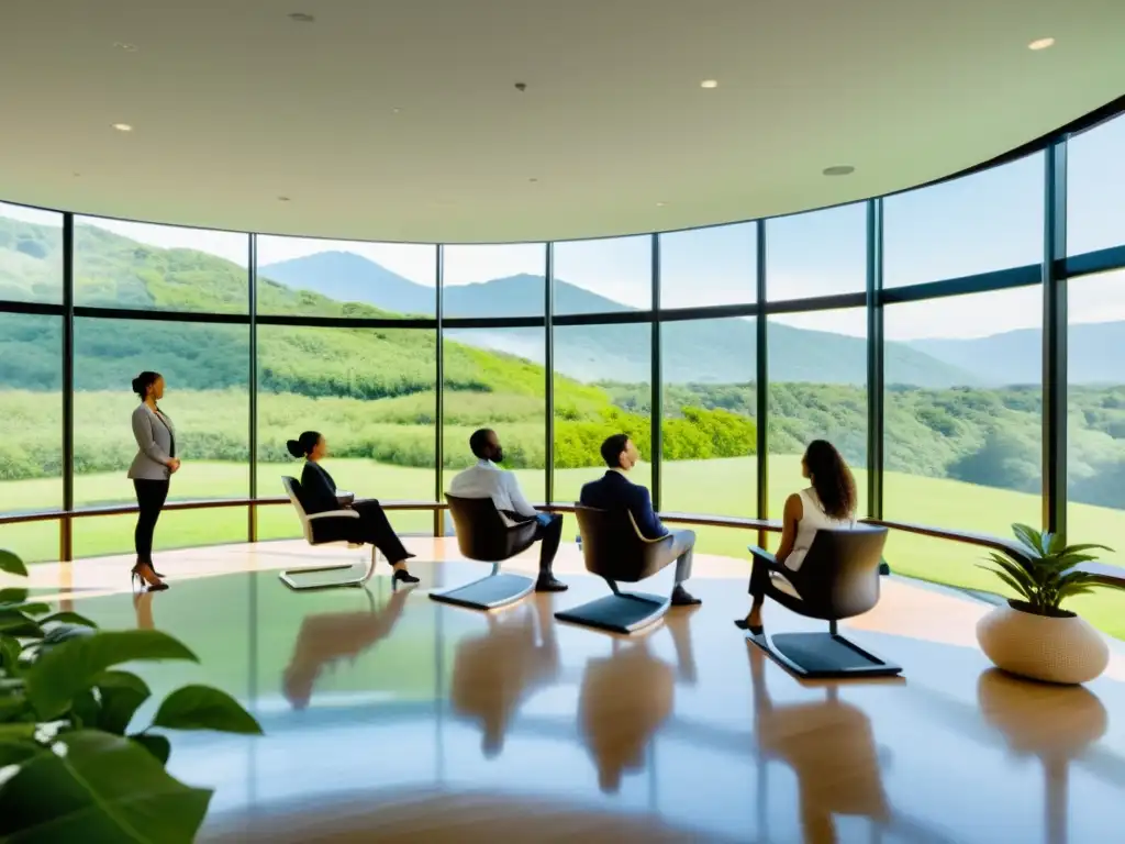 Profesionales practicando respiración y concentración en el trabajo, guiados por un instructor en una oficina luminosa con vistas a la naturaleza