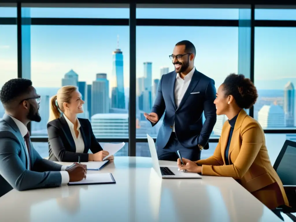 Profesionales colaborando en una reunión de estrategia de marketing en una oficina moderna con vista a la ciudad, transmitiendo confianza y éxito