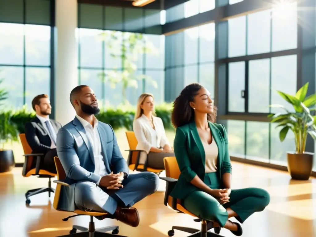 Profesionales meditando en una sala de conferencias luminosa