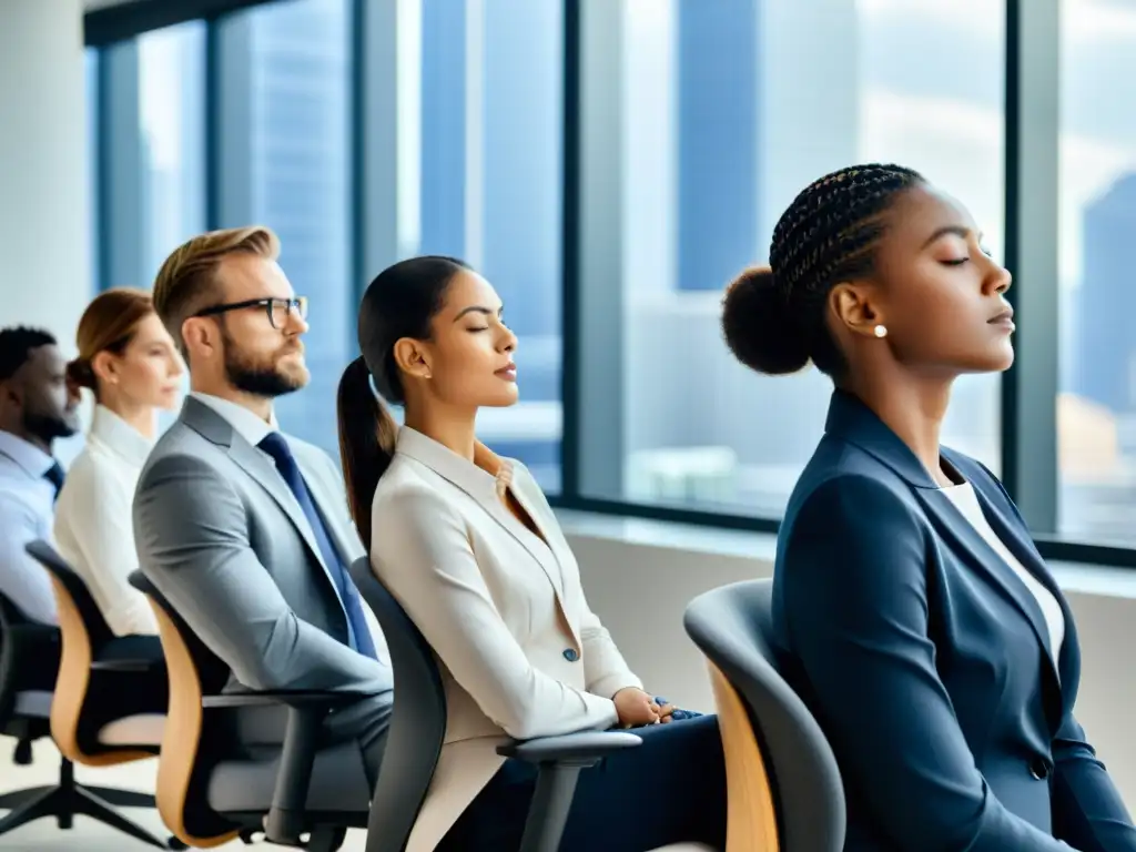 Profesionales en trajes de negocios realizan ejercicios respiratorios para energía en una oficina bien iluminada