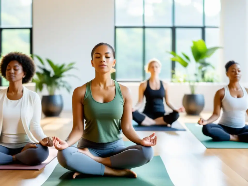 Profesionales participando en un workshop de respiración para reducir estrés, en un espacio tranquilo y moderno con luz natural y plantas