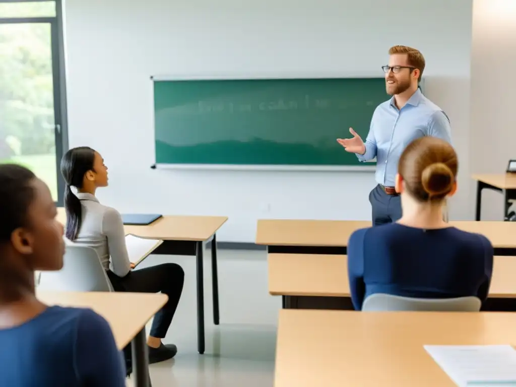 Profesor dando una clase de técnicas de respiración a un grupo de estudiantes en un aula moderna llena de luz natural