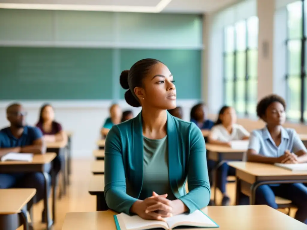 Profesor guía a estudiantes en ejercicios de respiración para mejorar concentración en aula moderna y serena