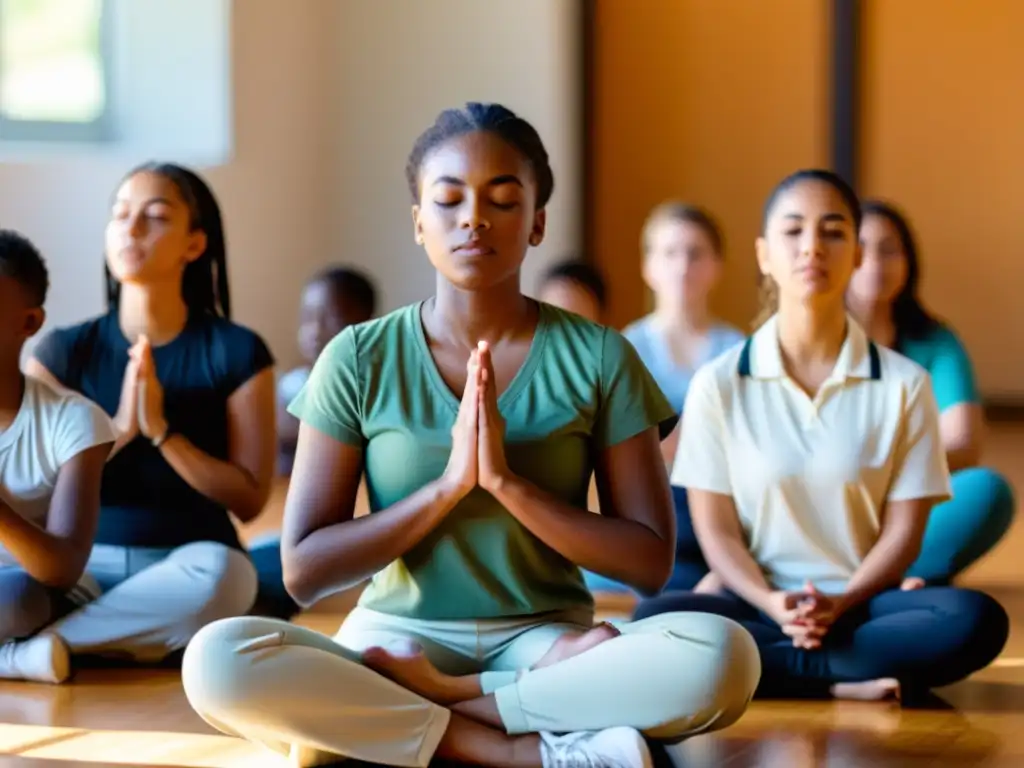 Profesora guía a estudiantes en ejercicios de respiración en el currículo, creando un ambiente de paz y concentración en aula iluminada por el sol