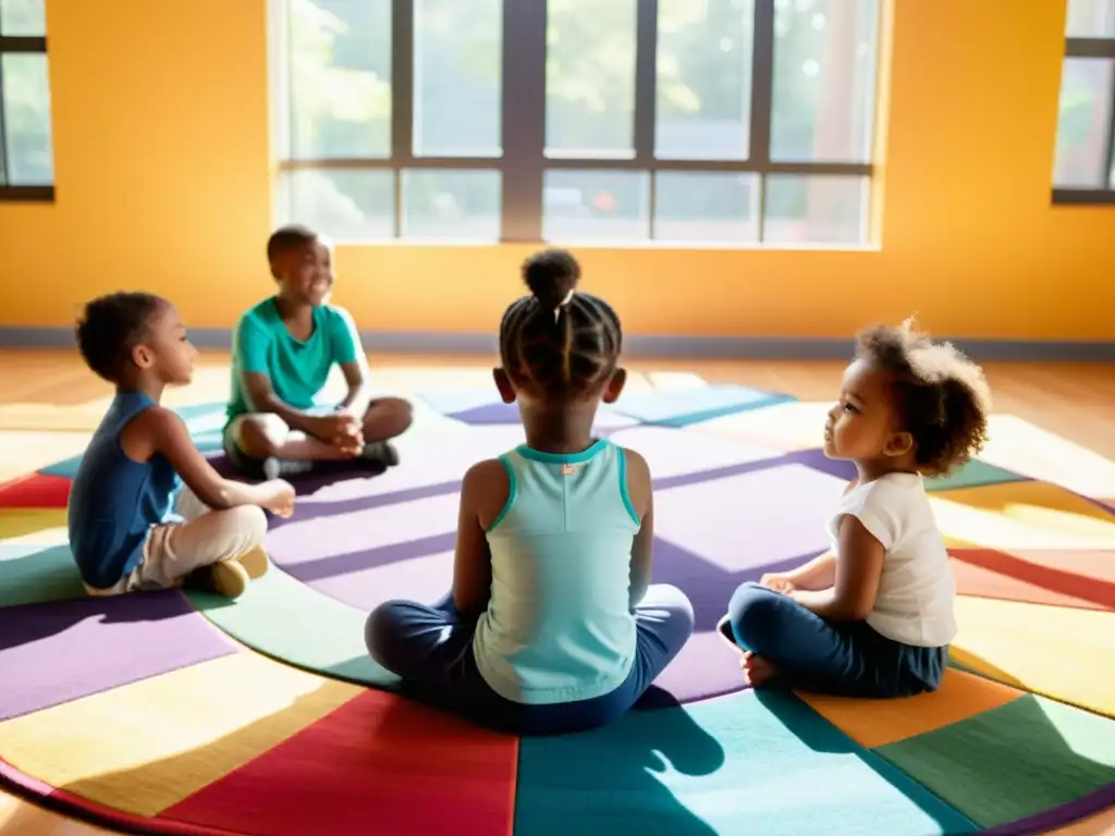 Profesora guía a niños en ejercicios de respiración en círculo