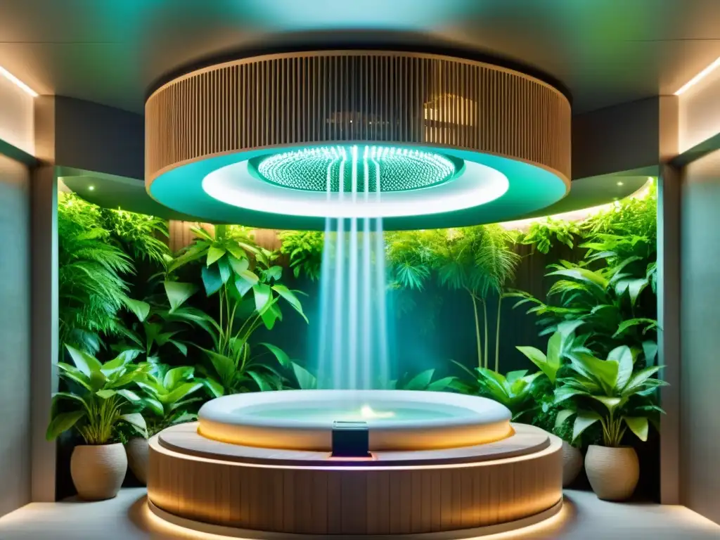 Programas de purificación respiratoria en balnearios: moderna cámara de purificación respiratoria en un spa, con diseño futurista, iluminación suave y tecnología avanzada, rodeada de vegetación exuberante y huéspedes relajándose en el interior