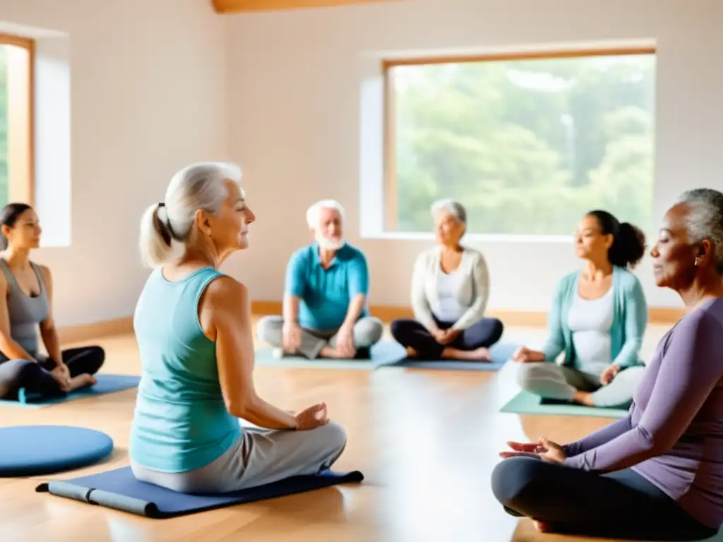 Programas de respiración para ancianos: Grupo de adultos mayores participando en ejercicios de respiración guiada en un ambiente luminoso y sereno