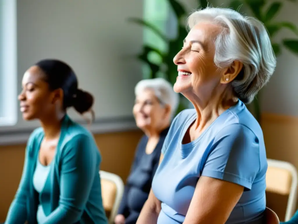 Programas de respiración para ancianos: Clase de ejercicios de respiración con luz natural y ambiente tranquilo