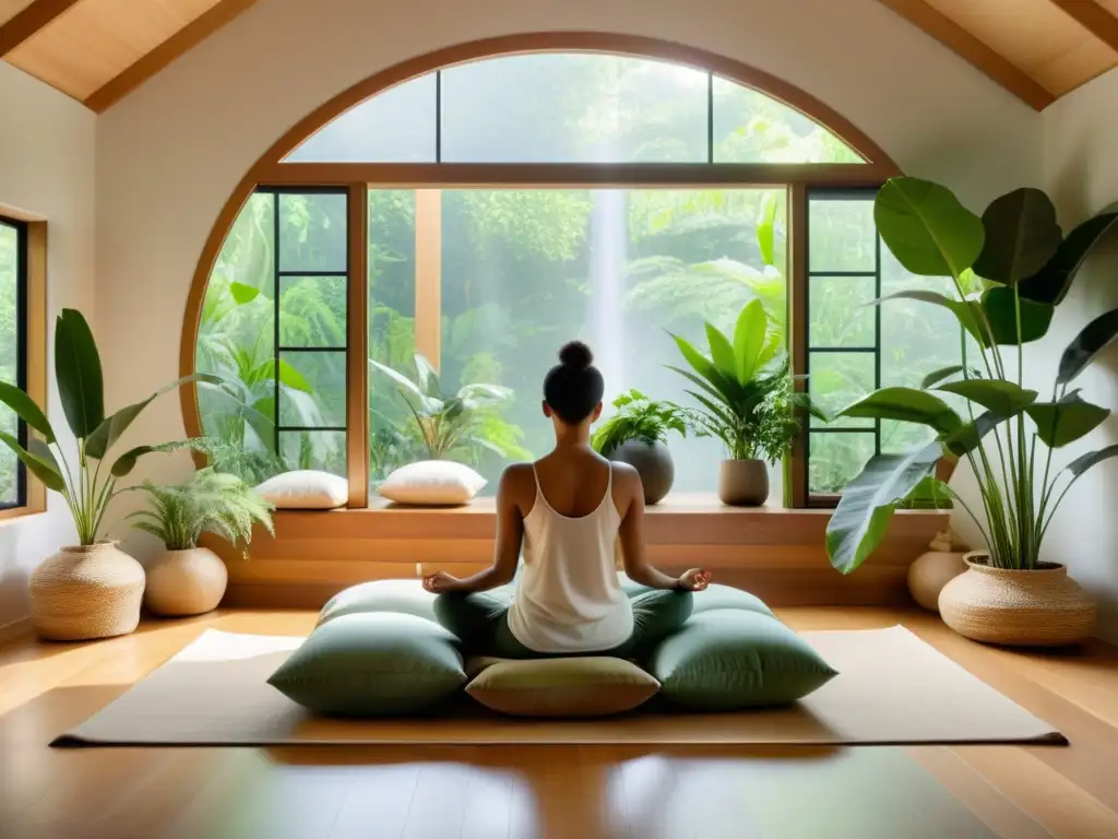 Propuesta de Valor para Respiración Consciente: Un espacio de meditación moderno y sereno con plantas verdes exuberantes, cojines y textiles terrosos