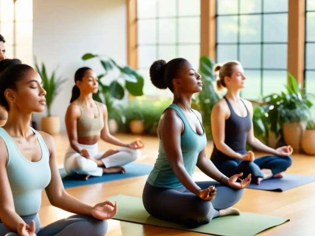 Invertir en publicidad para respiración consciente: Grupo practicando mindfulness con instructor en estudio sereno y luminoso, rodeado de plantas