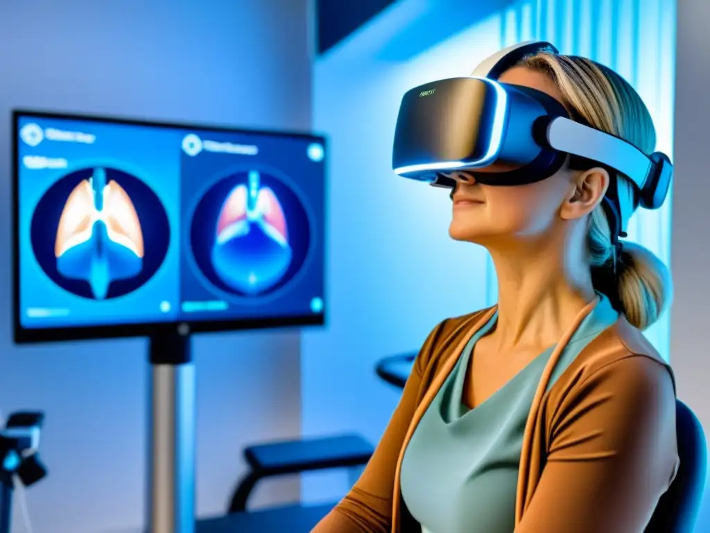 Rehabilitación pulmonar post COVID19 con tecnología: paciente usa VR para ejercicios guiados en moderno centro de rehabilitación